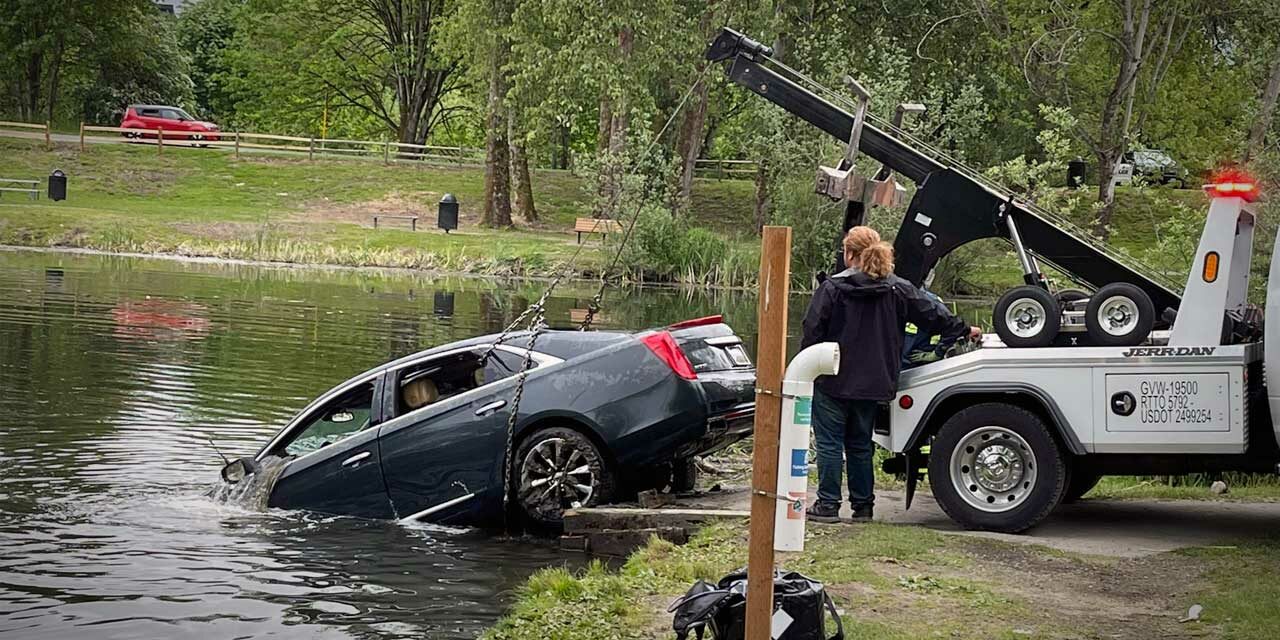 Car ends up in Old Fishing Hole in Kent Tuesday morning; all occupants safe